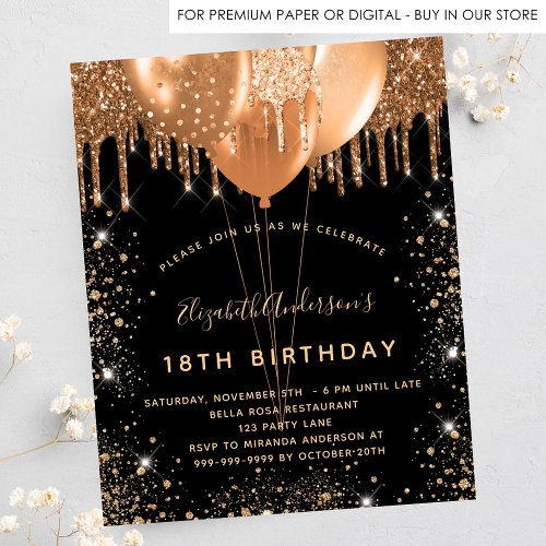 Birthday party black gold glitter balloons invitation postcard