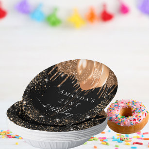Birthday party black gold glitter balloons name paper bowls