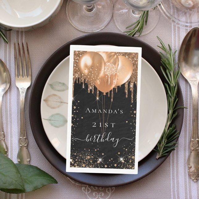 Birthday party black gold glitter balloons name paper guest towels (Creator Uploaded)