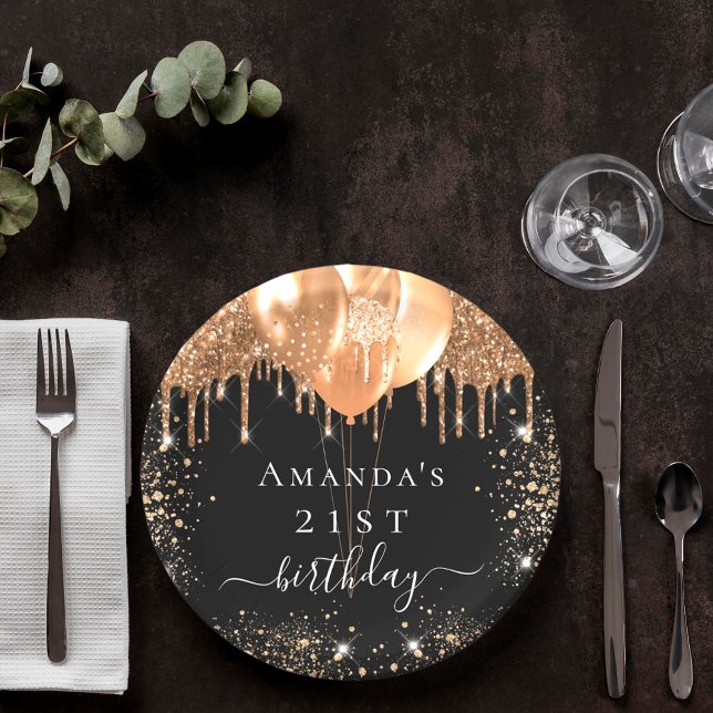 Birthday party black gold glitter balloons name paper plates (Creator Uploaded)