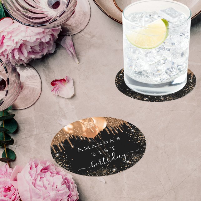 Birthday party black gold glitter balloons name round paper coaster (Creator Uploaded)