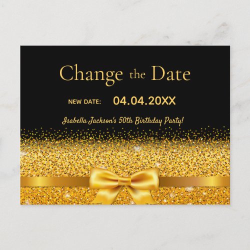 Birthday party black gold glitter change the date postcard