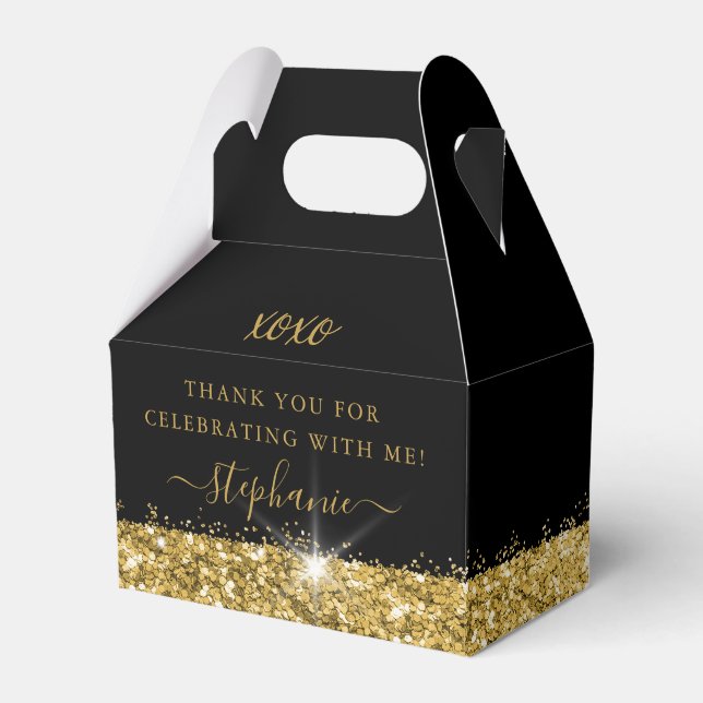 Birthday Party Black Gold Glitter Confetti Favor Boxes (Front Side)