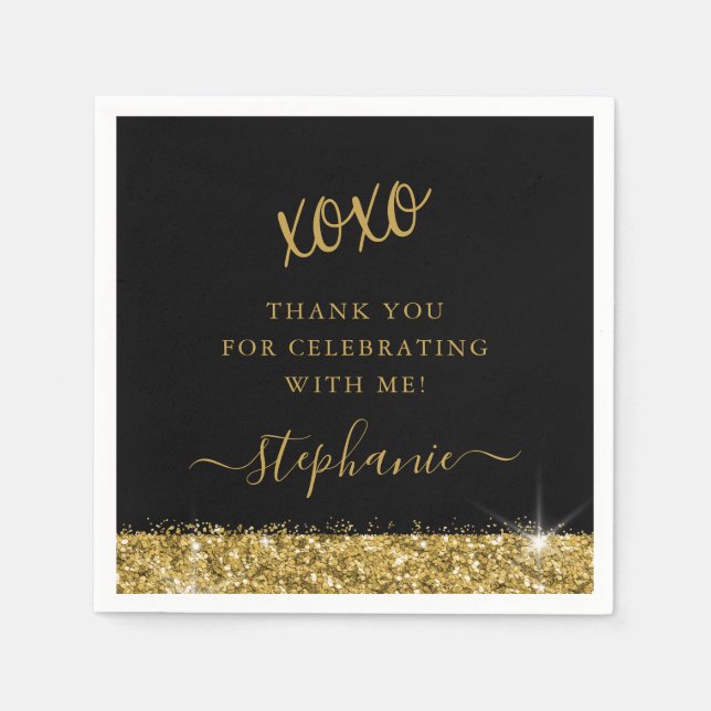 Birthday Party Black Gold Glitter Confetti Napkins (Front)