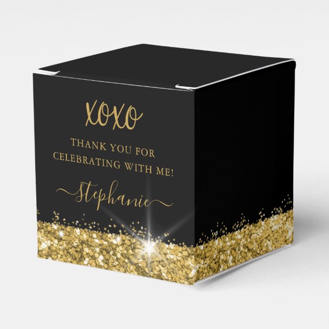 Birthday Party Black Gold Glitter Confetti Square Favor Boxes (Front Side)