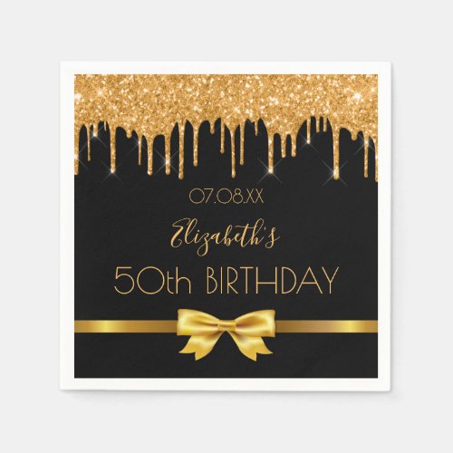 Birthday party black gold glitter drips bow name napkins