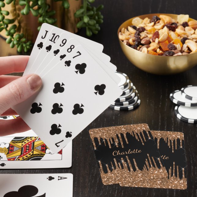 Birthday party black gold glitter drips monogram poker cards (In Situ)