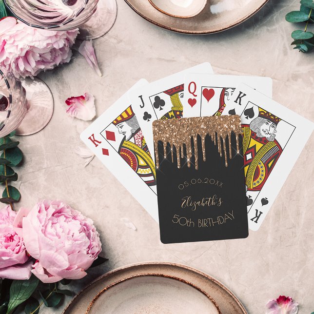 Birthday party black gold glitter drips monogram poker cards (Creator Uploaded)