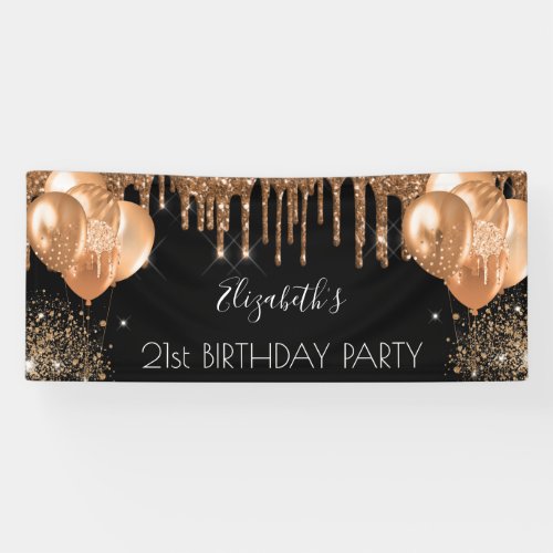 Birthday party black gold glitter drips name banner