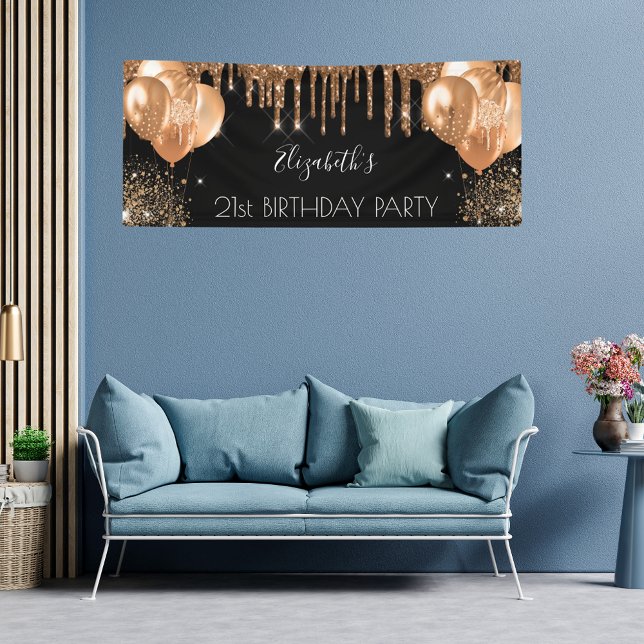Birthday party black gold glitter drips name banner (Creator Uploaded)