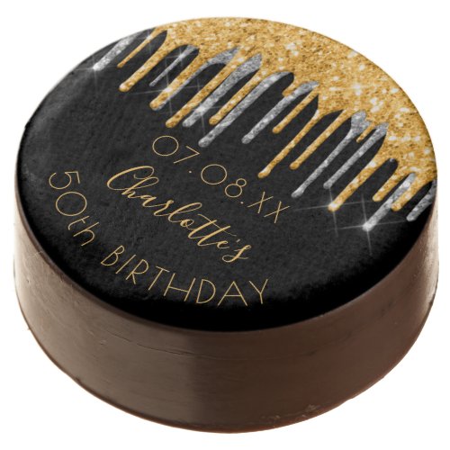 Birthday party black gold glitter drips silver chocolate covered oreo