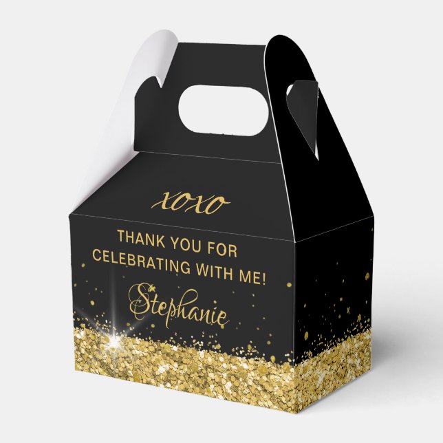Birthday Party Black Gold Glitter Dust Favor Boxes (Front Side)
