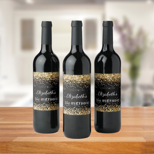 Birthday party black gold glitter dust name wine label