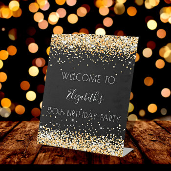 Birthday Party Black Gold Glitter Dust Welcome Pedestal Sign by Thunes at Zazzle