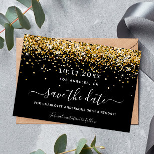 Birthday party black gold glitter elegant save the save the date