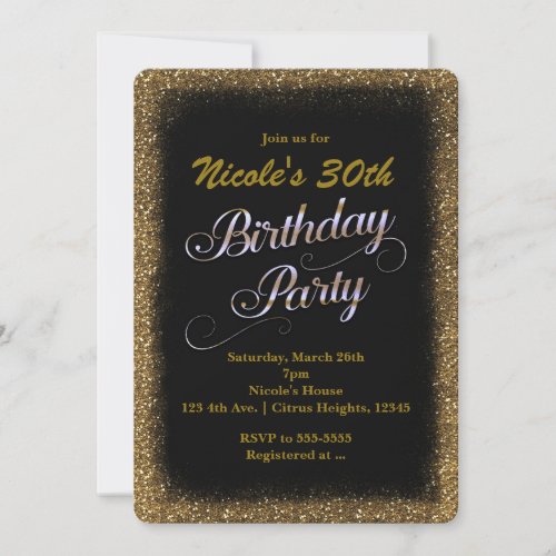 Birthday Party Black  Gold Glitter Invitation