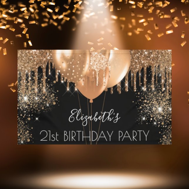 Birthday party black gold glitter name welcome banner (Creator Uploaded)