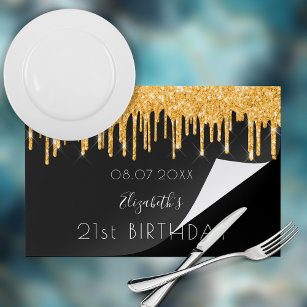 Birthday party black gold glitter paper placemat