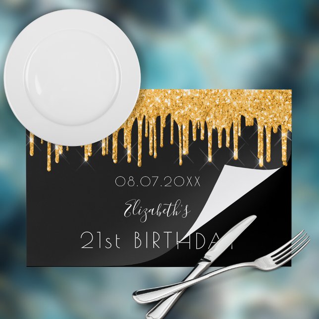 Birthday party black gold glitter paper placemat (Creator Uploaded)