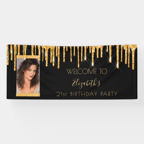 Birthday party black gold glitter photo welcome banner