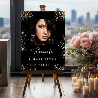 Birthday party black gold glitter photo welcome foam board