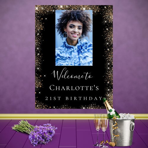 Birthday party black gold glitter photo welcome poster