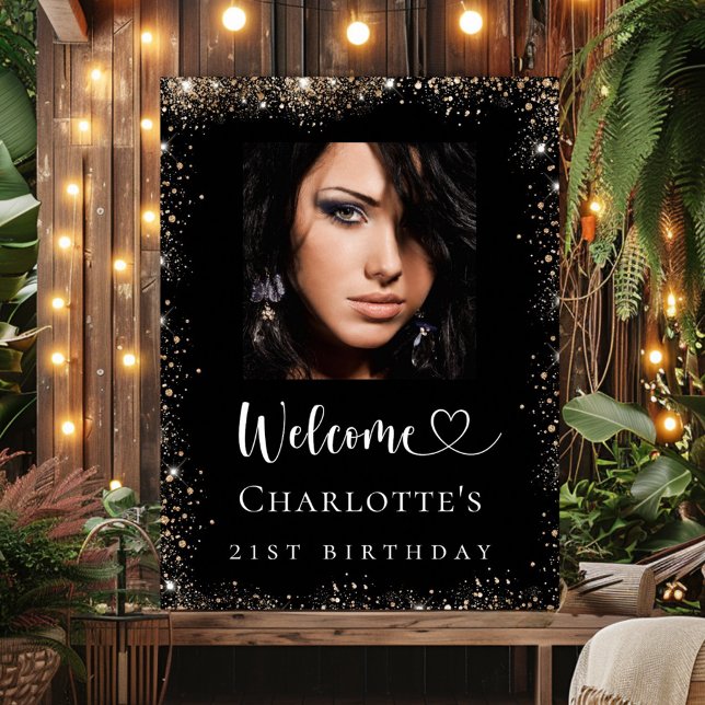 Birthday party black gold glitter photo welcome poster (Creator Uploaded)