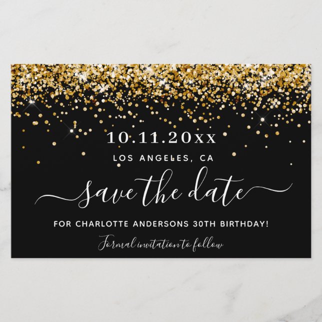 Birthday party black gold glitter save the date (Front)