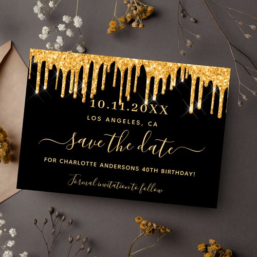 Birthday party black gold glitter save the date