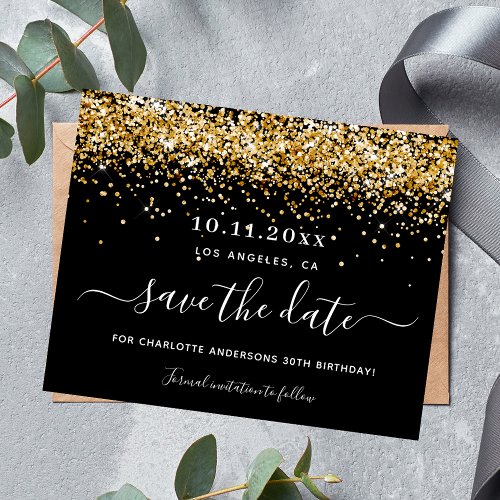 Birthday party black gold glitter save the date