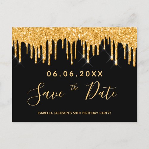 Birthday party black gold glitter save the date postcard