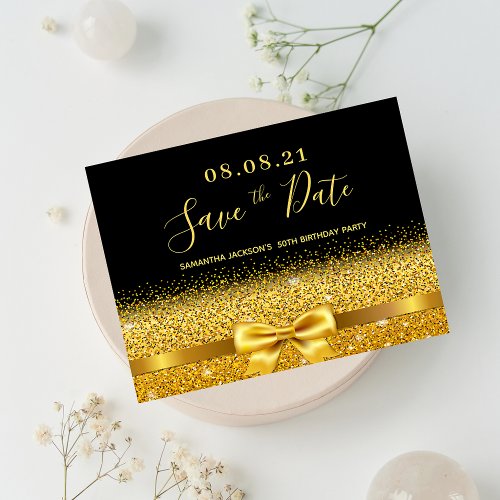 Birthday party black gold glitter save the date postcard