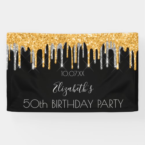 Birthday party black gold glitter silver name banner