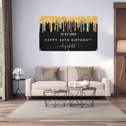 Birthday party black gold glitter silver sparkle banner