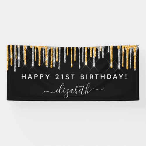 Birthday party black gold glitter silver sparkle banner