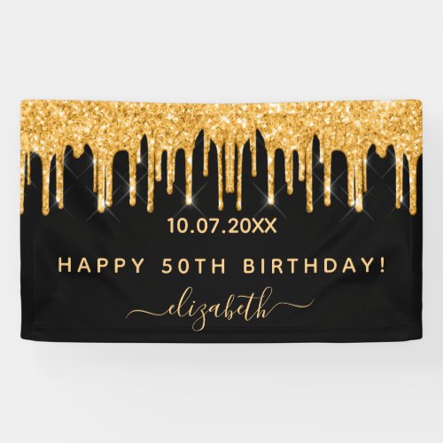 Birthday party black gold glitter sparkle glam banner