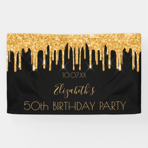 Birthday party black gold glitter sparkle glam banner