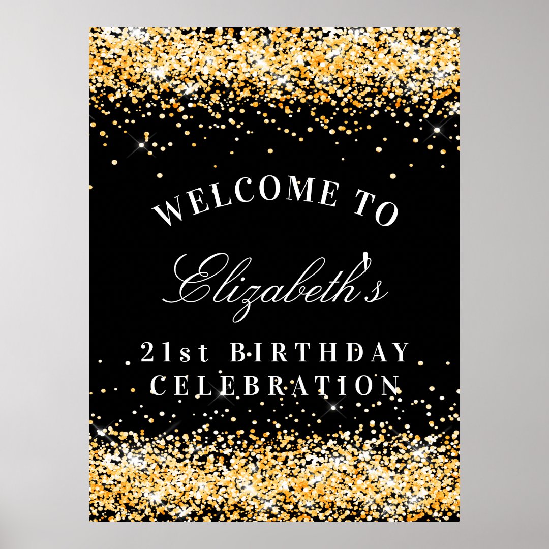 Birthday party black gold glitter sparkles poster Zazzle