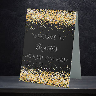 Birthday party black gold glitter sparkles welcome table tent