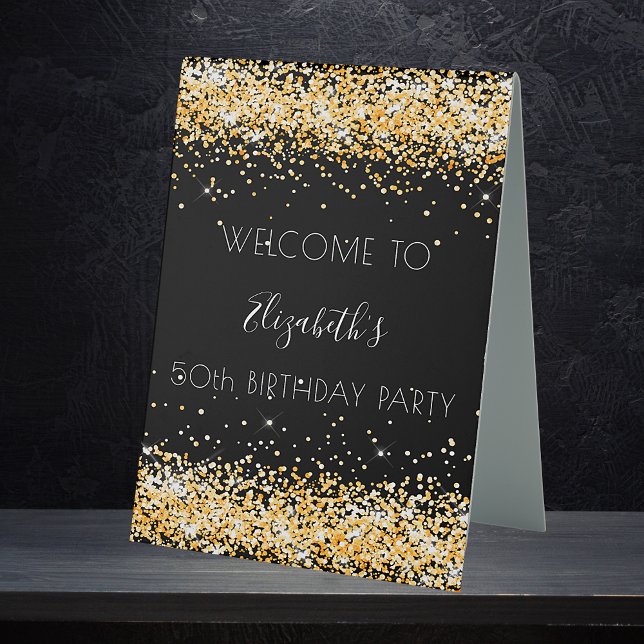 Birthday party black gold glitter sparkles welcome table tent (Creator Uploaded)