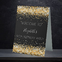 Birthday party black gold glitter sparkles welcome table tent sign