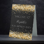 Birthday party black gold glitter sparkles welcome table tent sign<br><div class="desc">A sign for a girly and glamorous 50th (or any age) birthday party.  A black background with faux gold glitter dust. Personalize and add a text,  name and age 50. The name is written with a modern hand lettered style script.</div>
