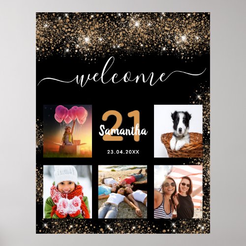 Birthday party black gold glitter welcome poster