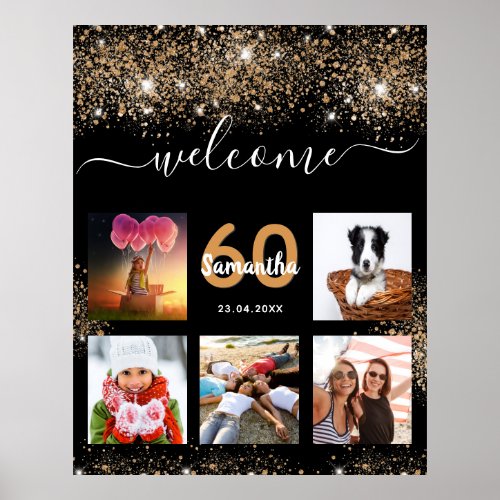 Birthday party black gold glitter welcome poster