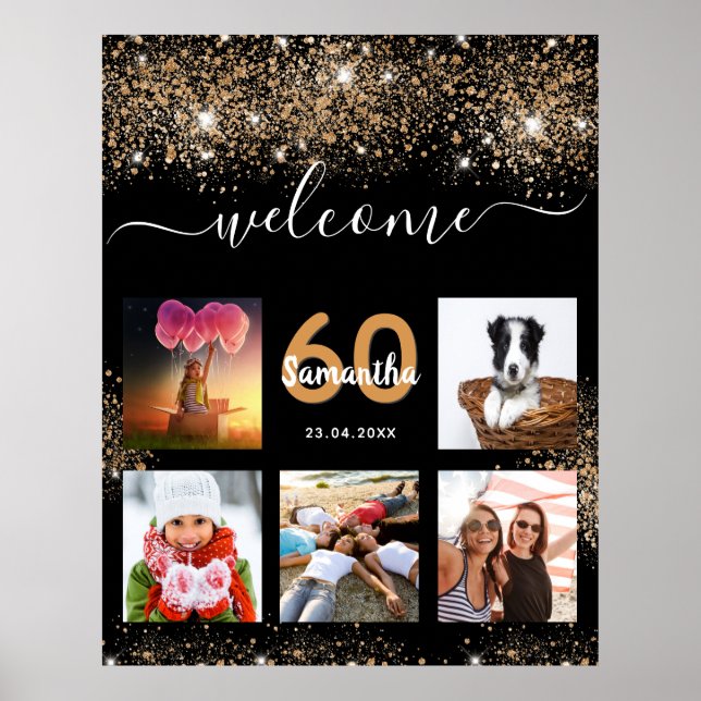Birthday party black gold glitter welcome poster (Front)