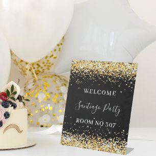 Birthday party black gold glitter welcome room no pedestal sign