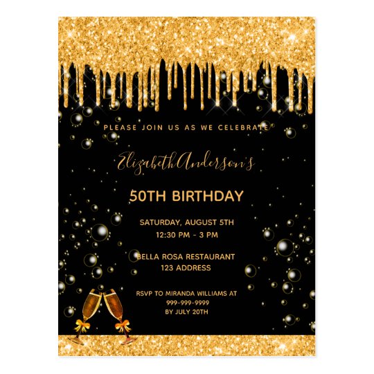 Birthday party black gold glitter woman invitation postcard | Zazzle.com