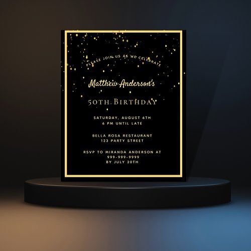 Birthday party black gold men budget invitation flyer