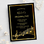 Birthday party black gold music notes invitation<br><div class="desc">A trendy,  modern 50th or any age birthday party invitation card for both men and women.  A classic black background,  with faux gold  frame and music notes,  golden colored letters. Templates for your party information.  Back: Black color faux gold music notes.</div>