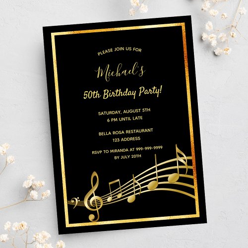 Birthday party black gold music notes invitation